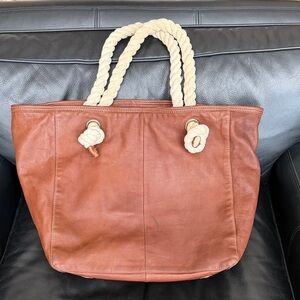 GAP Tan Leather Tote with Cream Rope Handles